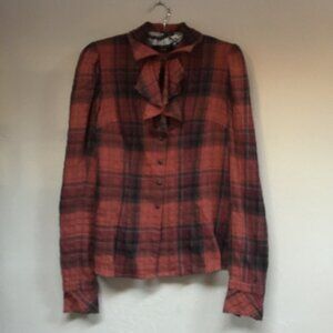 Peruvian Connection Womens Long Sleeve Plaid Top Sz 2 Button Ruffle Bow Neck Red